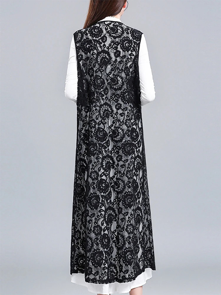 レトロレースオープンカーディガン レディース 春秋 2025 新作 ゆったり ミドル丈 ノースリーブ ホローアウト ショルダーラップ ベスト