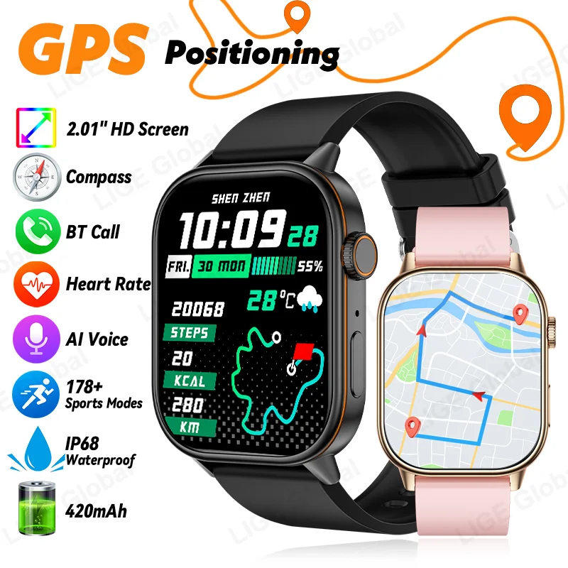 LIGE GPS Smartwatch Bewegungsverfolgung Uhr mit 178+ Sportmodi, Kompass, 2,01 Zoll HD-Display, Fitness Smartwatch für Männer und Frauen