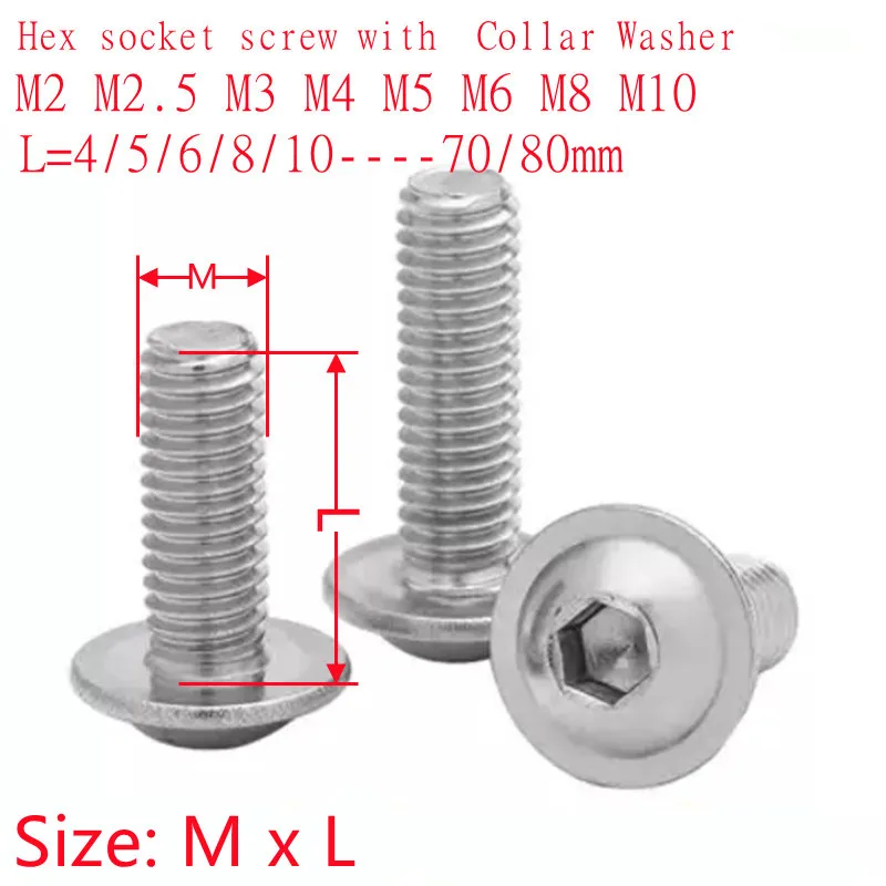 M2 M2.5 M3 M4 M5 M6 M8 M10 ISO7380.2 304 Stainless Steel button Flange Head with Collar Washer Allen Hex Socket Screws