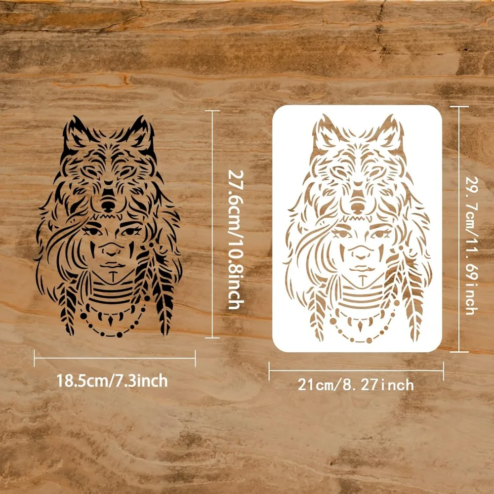 Wolf Girl Stencil 11.7x8.3 inch Reusable Tribal Girl Craft Stencils Plastic PET Wolf Head Necklace Feather Drawing Stencil Wall