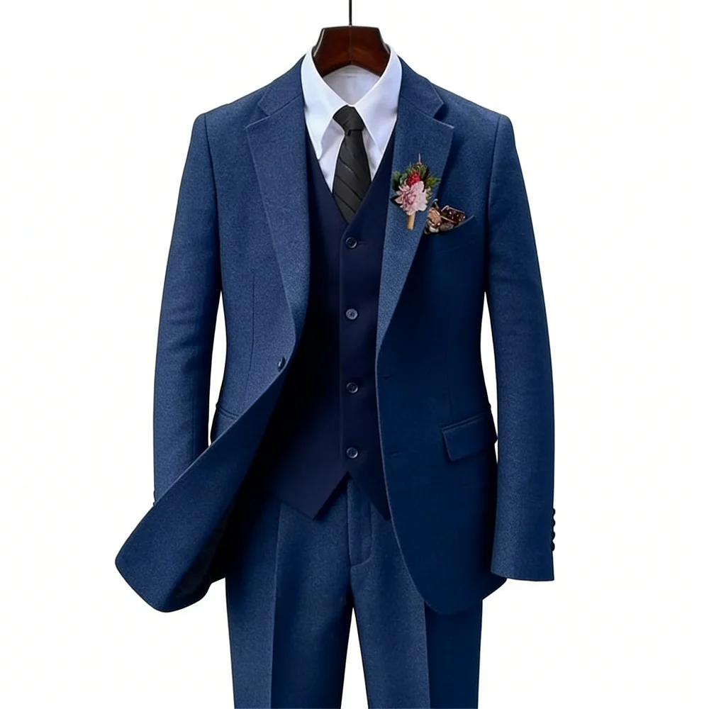 

Terno de casamento masculino de tweed marrom, 3 peças, espinha de peixe, smoking, lapela entalhada, tweed para negócios, ajuste