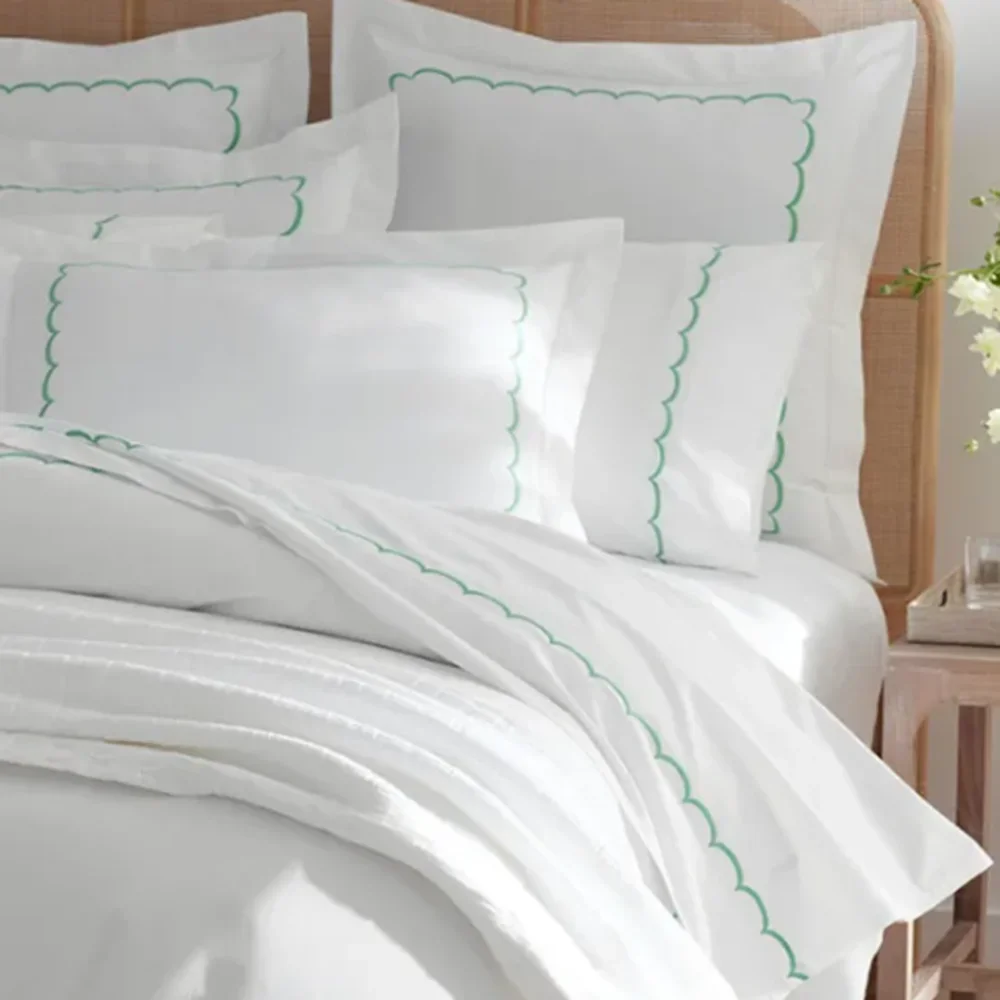 Scallop Embroidered Premium Cool Cotton Bed Sheet Set With All-around Elastic Embroidered Scallops Bedding Set