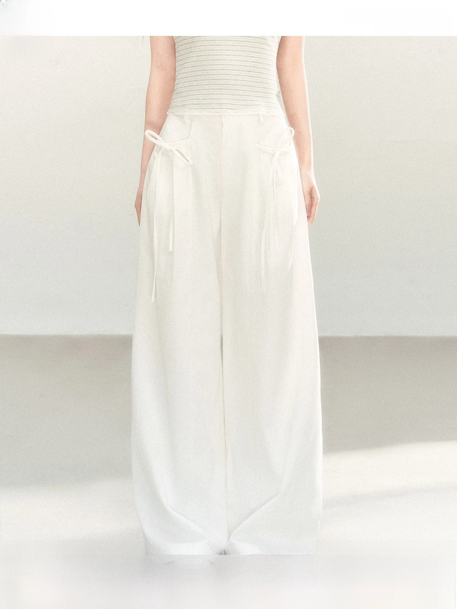 Elegant Lazy White Wide Leg Pants  Knot Tie Design High Waist Draping Casual Long Trousers Women's Fashion Casual Pants