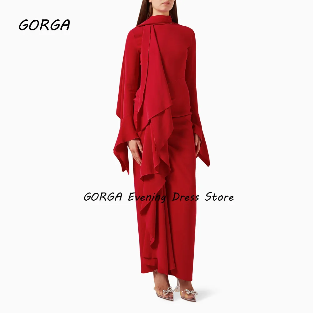 GORGA Simple Red O-Neck With Shawl Pleat Mermaid 2024 Slim Crepe Long Sleeve Ocassion Gown Floor-Length Formal Evening Dress