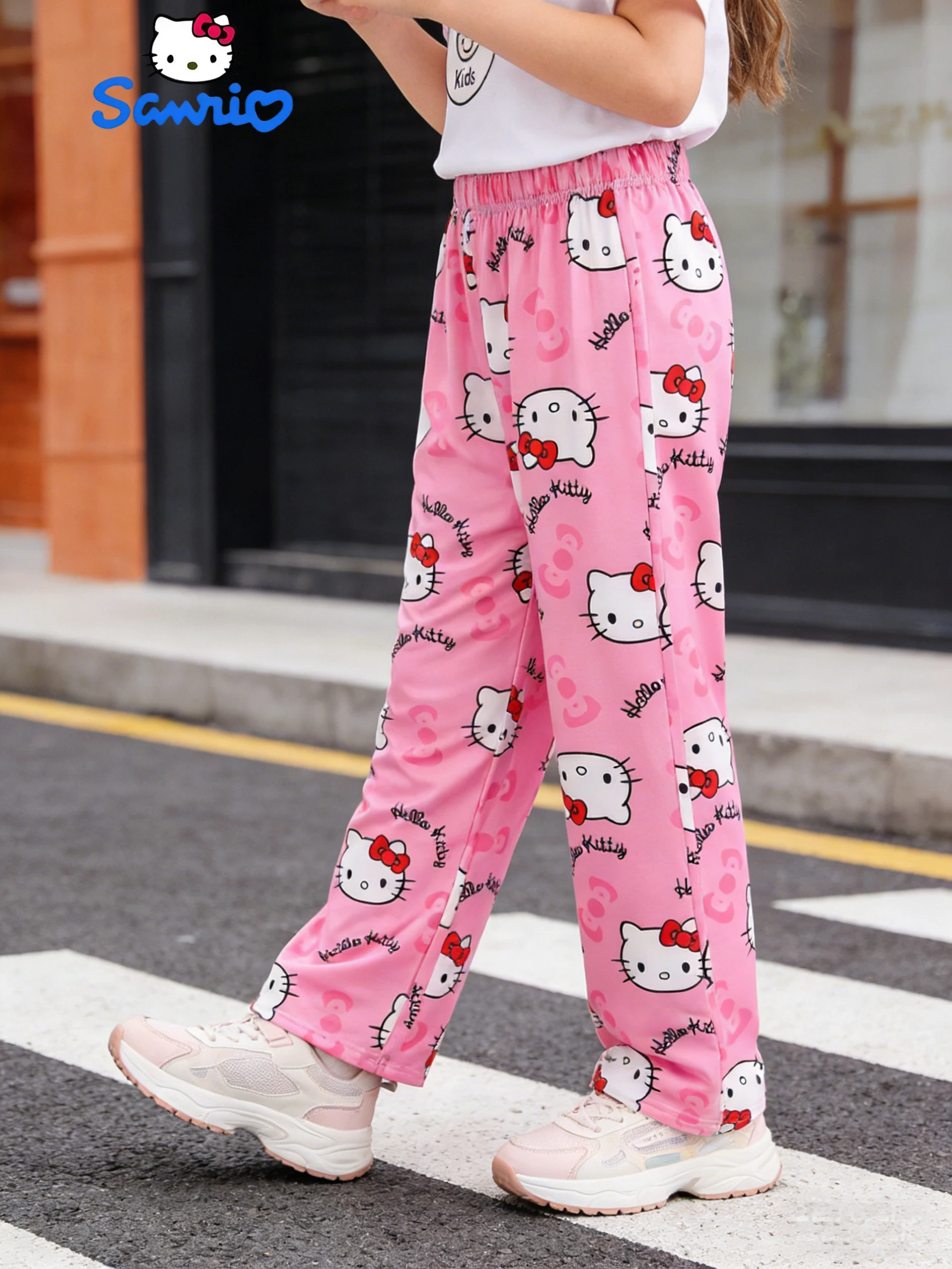 Sanrio Girls' Long Pants Spring and Autumn Hello Kitty Girls' Outdoor Fashion Casual Wide Leg Pants, Suitable for Home Wearing
