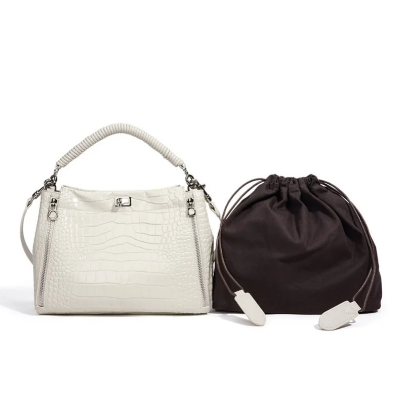 Women's Top Grain Leather Crocodile Embossed Handbag Braided Handle Multi-Zipper Turn Lock Shoulder Bag