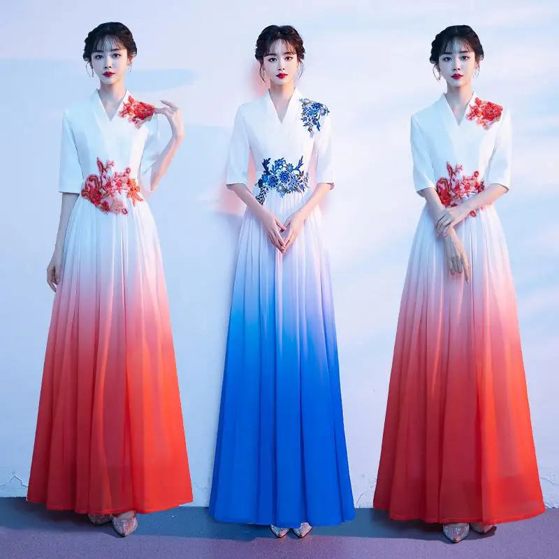 

Chorus Performance Dress - Long Women's Dress with Gradient Color Change; Solo Speech Dress; Collective Formal Dress Skirt