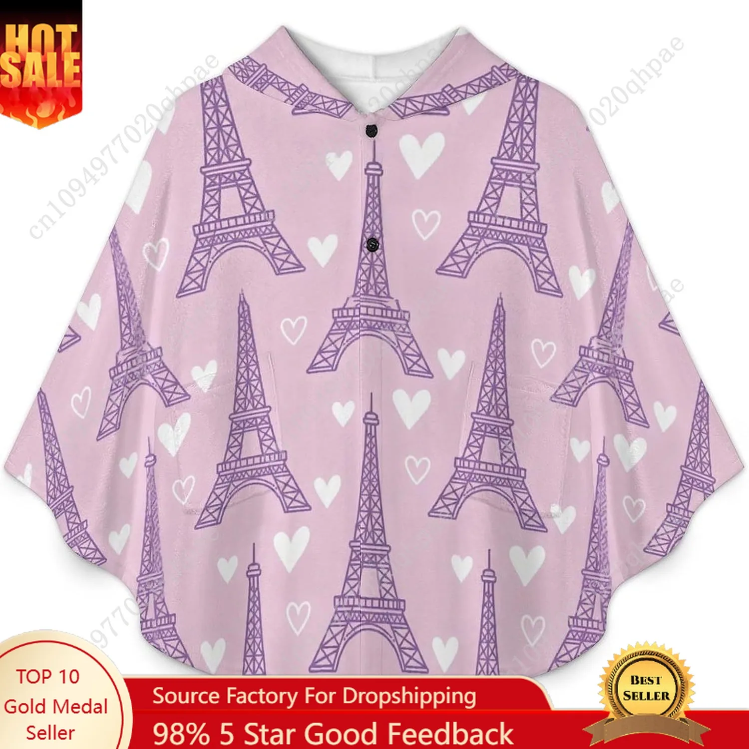 سترة بطانية مريحة من الفلانيل، هوديي كبير الحجم بنمط قلوب برج ايفل مع جيوب للأطفال والمراهقين #1