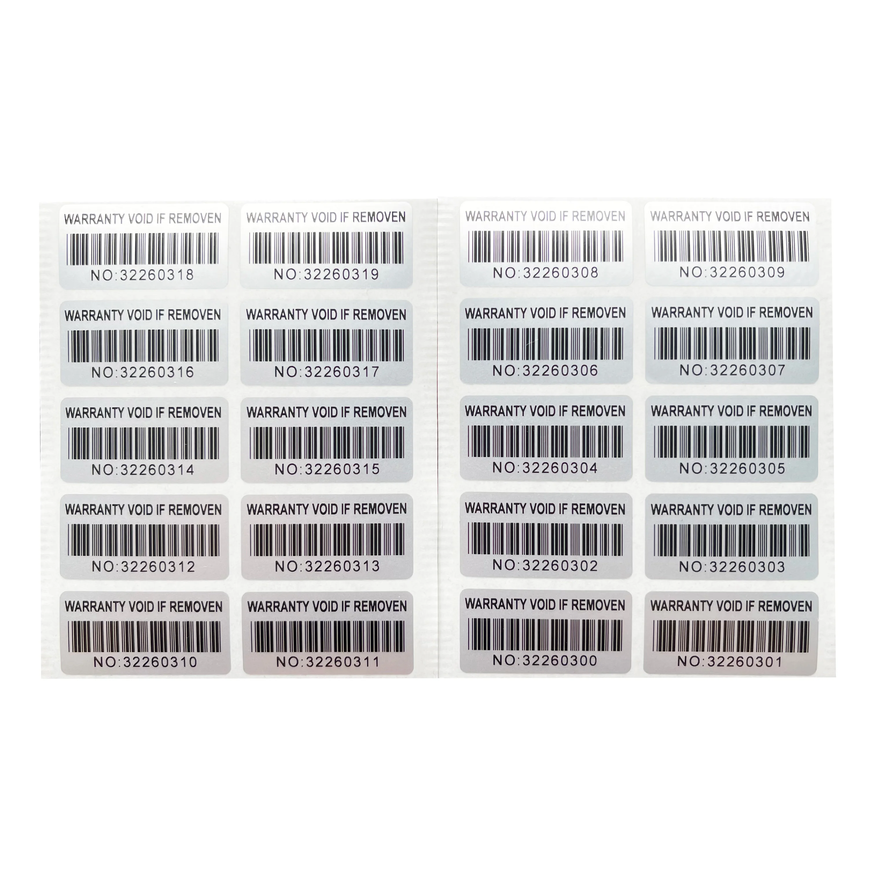 Imagem -04 - Tamper Proof Selo de Segurança Adesivo Número de Série Prata Único Barcode Sticker Lágrima Autêntica 30x15 mm 100 Pcs