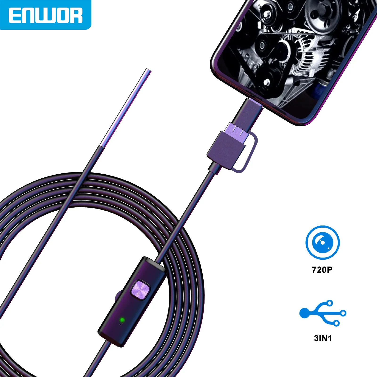 ENWOR Ultra Thin Android Endoscope Camera IP67 Waterproof 720P HD Micro USB Type-c 3in1 Rigid Cable Industrial Endoscope 3.9mm