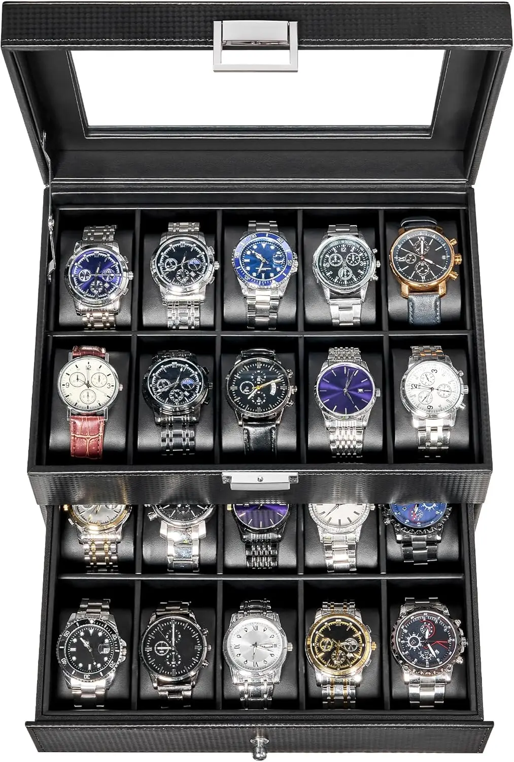 

Коробка для хранения часов на 20 отделений со стеклянной крышкой, съемными подушечками, черный органайзер для мужских часов