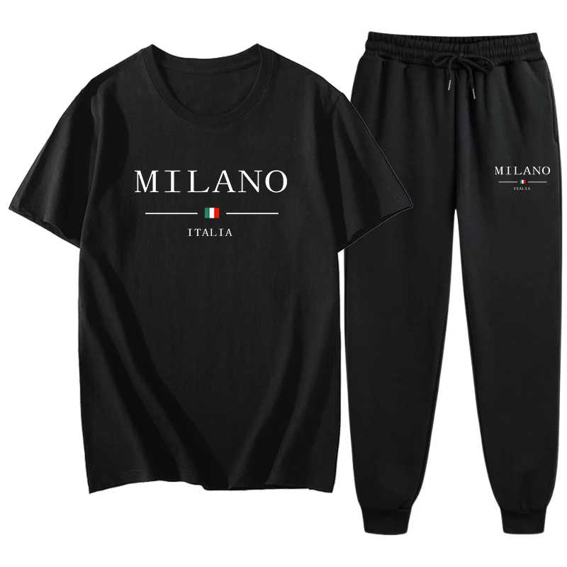 2025 Hot Sale Mens Pure Cotton T-shirts and Jogger Pants High Quality Italia Milan Printed Streetwear Spring Casual Sports Suits