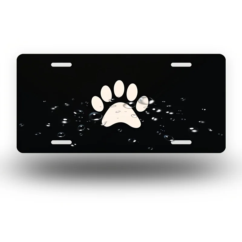 White Paw Print with Subtle Shading on Black Background Front License Plate, Aluminum License Plate Covers & Frames