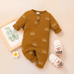 PatPat Baby Boy/Girl 95% Cotton Ribbed All Over Sun Print Long-sleeve Jumpsuit Soft and Comfortable  Perfect for Outings