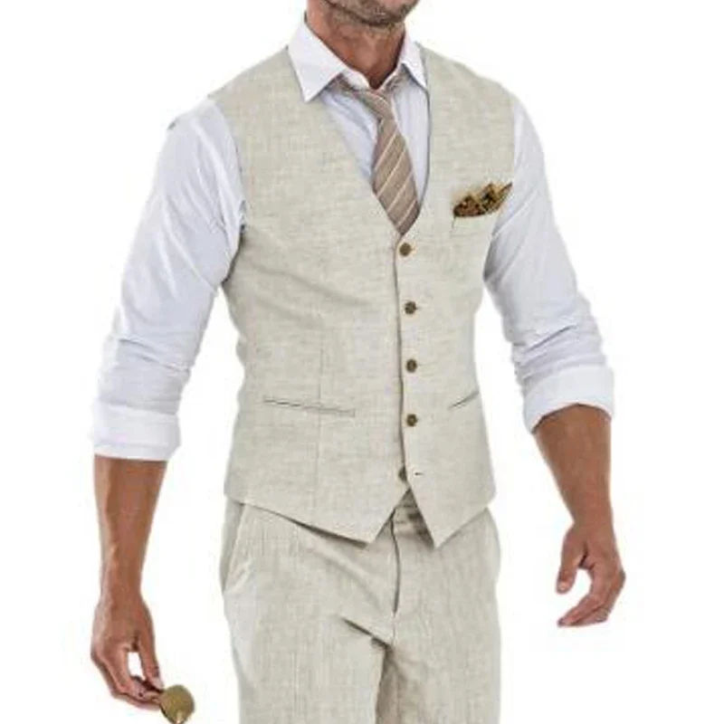 Beige Linen Men Vest for Wedding Summer Suit One Piece WasitCoat V Neck Custom Groom Tuxedo Wasit Coat New Fashion