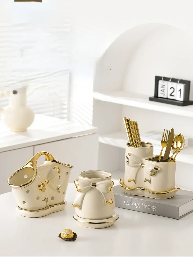 Ceramic Cream Wind Bow Tie Tableware Storage Holders Kitchen Tableware Drain Chopsticks Rack High-end Table Chopsticks Boxes