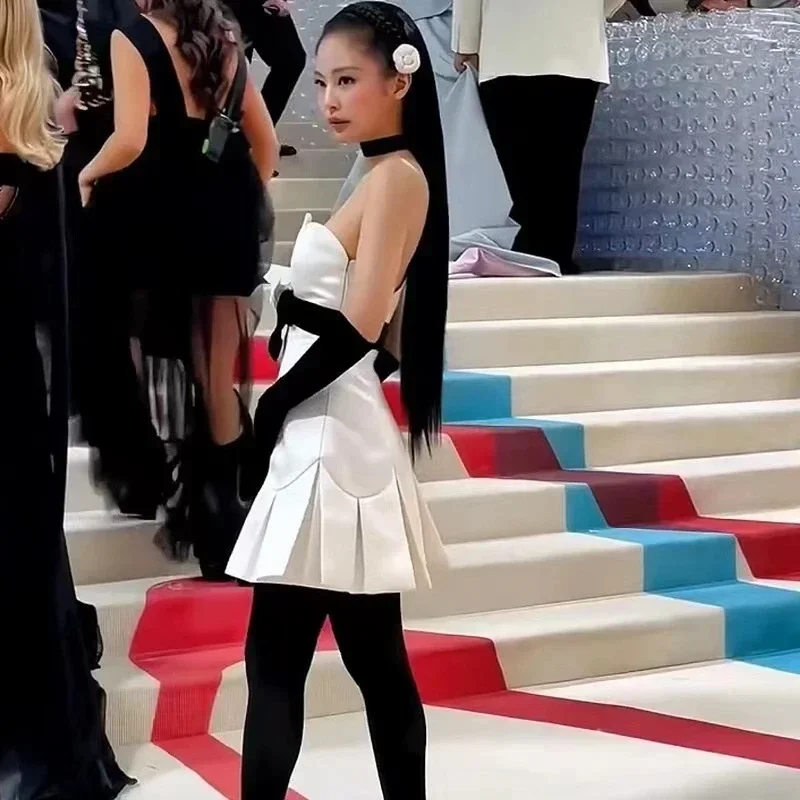 Kpop Jennie vestido sem alças para mulheres, arco elegante, cintura alta, sem mangas, Vintage, Designer, Verão, Vestidos Formais, 2023