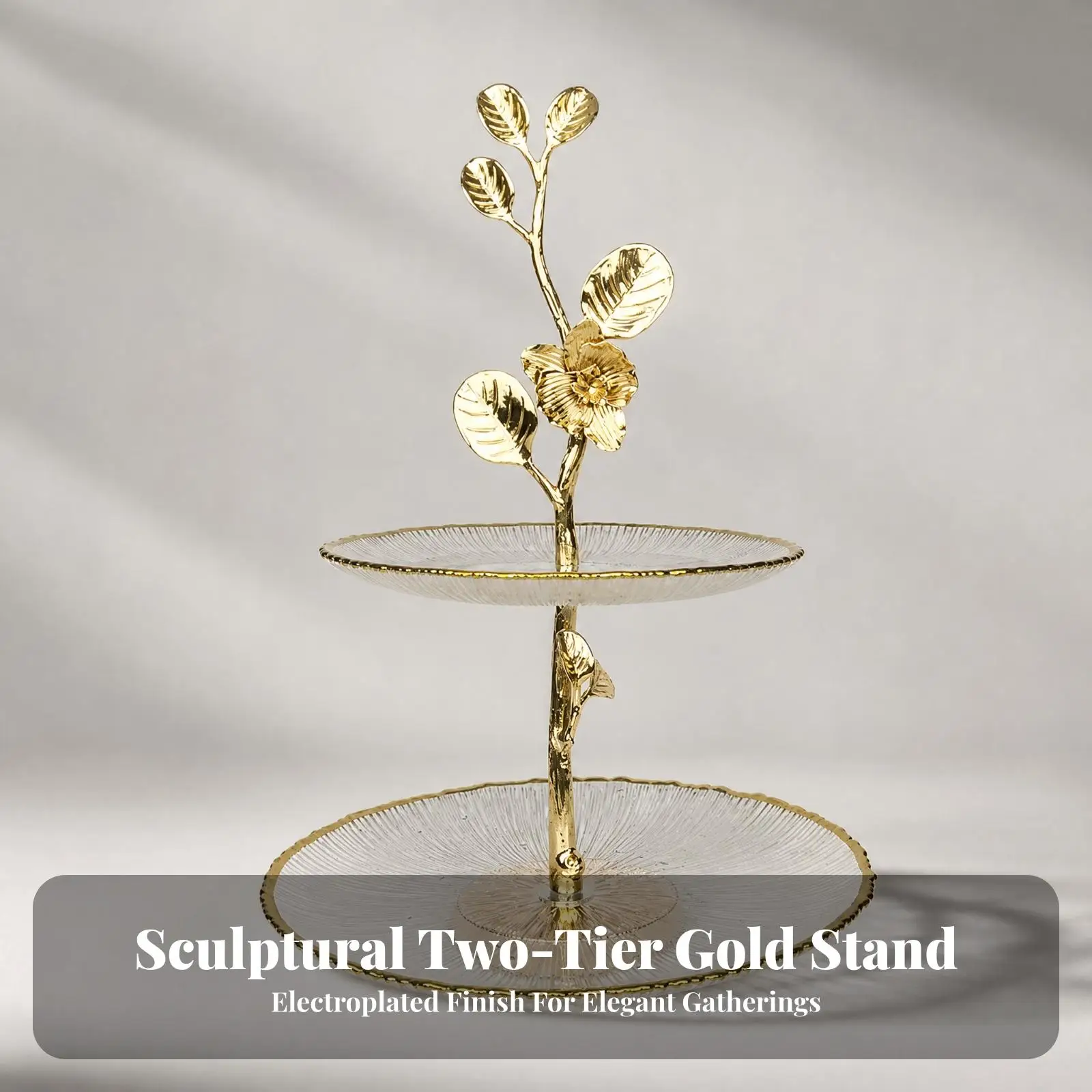 Two-Tier Serving Stand with Gold Metal Frame Elegant Two-Tier Serving Stand with Glass Trays Decorative Ornate for Living Room
