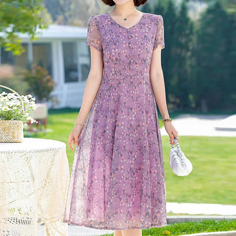 Prärie Chic fragmentiert Blumen druck Kurzarm Sommer mode Damen bekleidung Netz Garn Patchwork Knopf Midi A-Linie Kleider