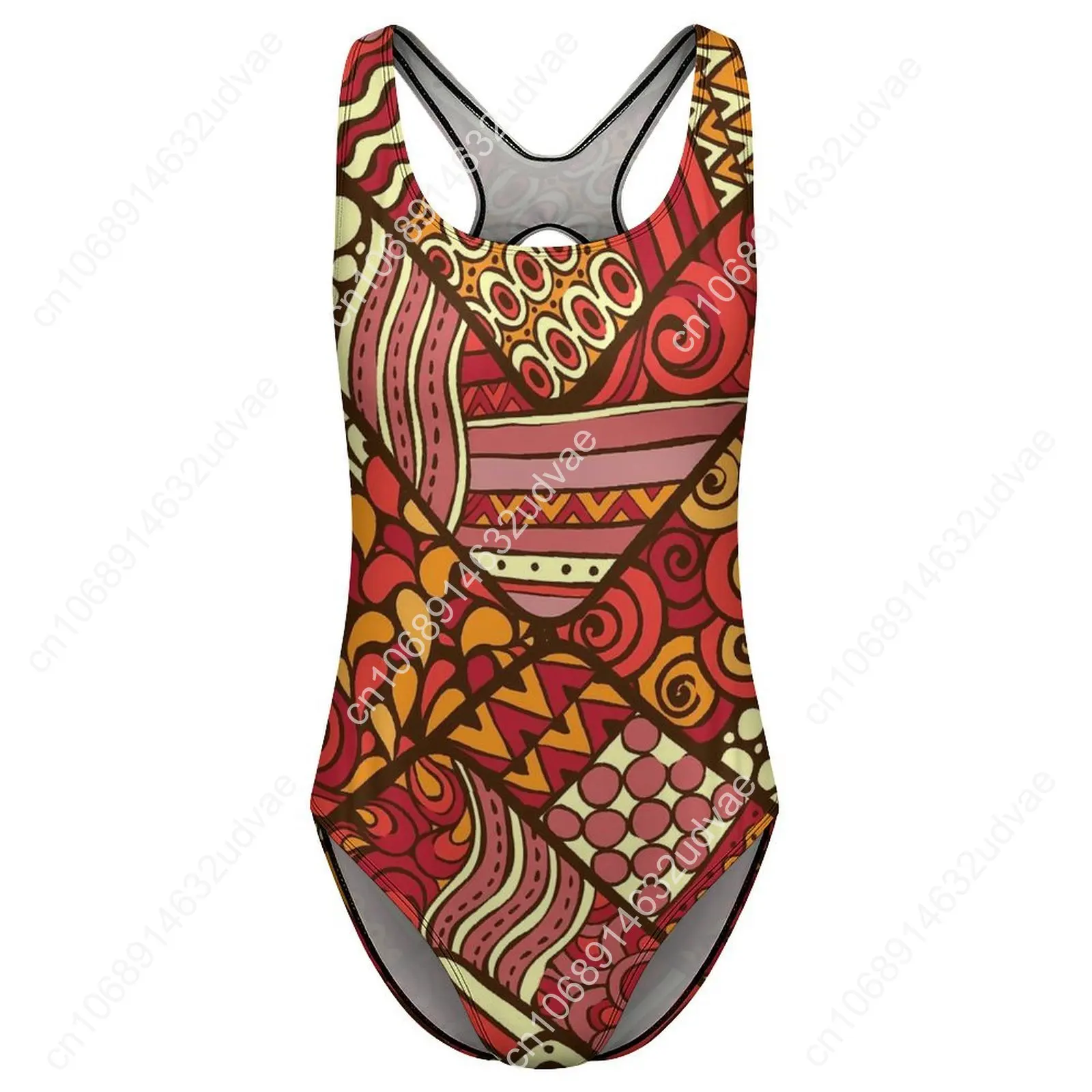 Traje de baño Tribal abstracto, traje de baño Sexy con estampado de parches rojos para mujer, traje de baño de una pieza a la moda para surfear, Monokini calado con realce