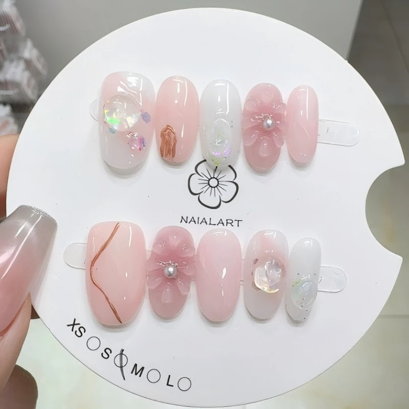 

10PCS Pink Sweet Girl 3D Flower Fake Nails with Elliptical Lines Blended Handmade Wearing Armor Press on Nails for Woman
