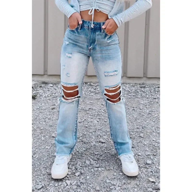 

Retro Korean Edition Versatile High Waist Straight Women Wide-leg Pants Baggy Jeans Women High-waisted Ripped Jeans for Women