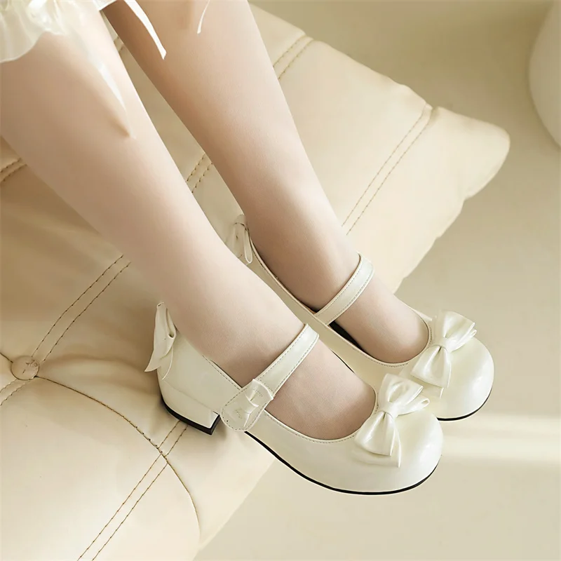 Sweet Patent Leather Bowtie  Ladies Pumps Round Toe Block Heel Black Wedding Mary Janes Women Shoes White Pink 2024 Drop Ship