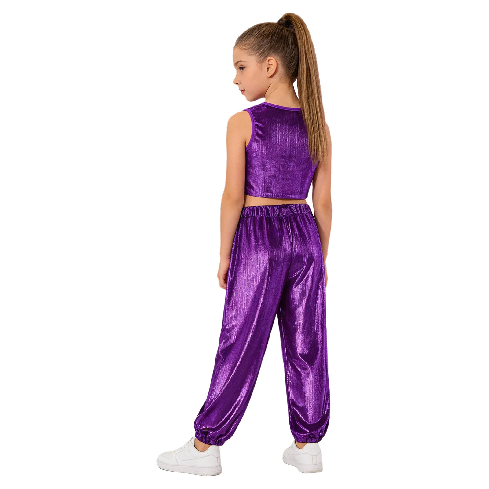 Kinder Mädchen Hip-Hop-Cheerleading-Auftritts-Kostüm Jazz-Tanz-Outfit Metallisch Geripptes Tanz-Outfit Ärmellose Weste mit Hose – Detail 32