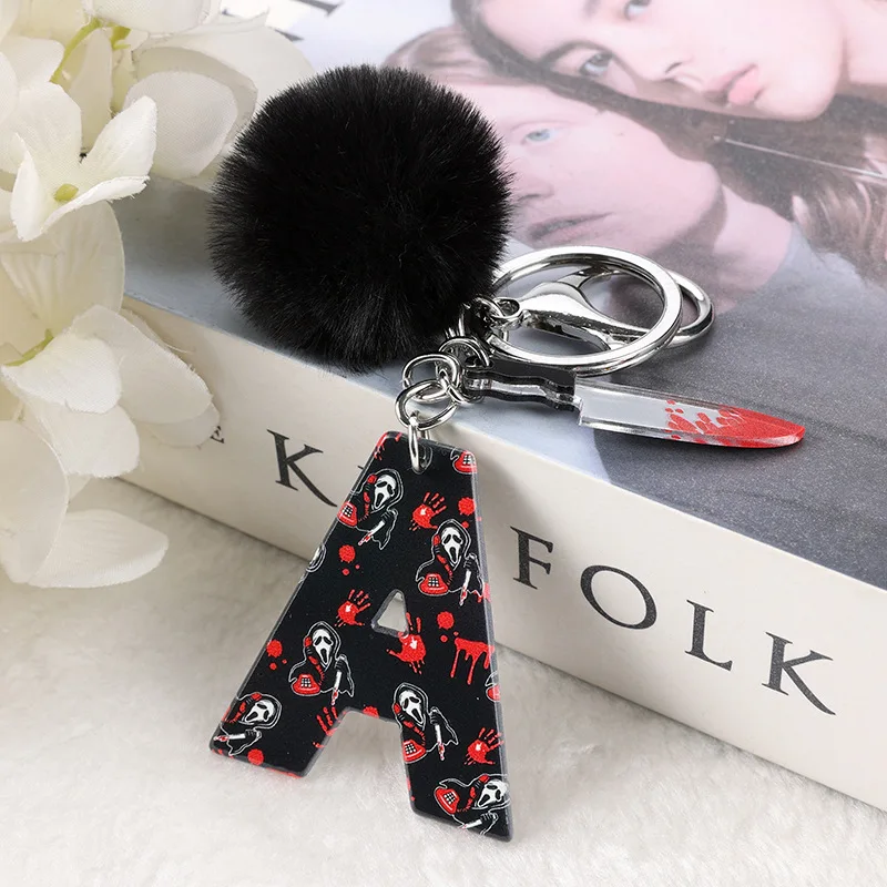 

Женский акриловый брелок с надписью на Хэллоуин, креативный, с алфавитом от A до Z черного цвета, сумочка, жуткая бижутерия с помпоном, 1 шт.