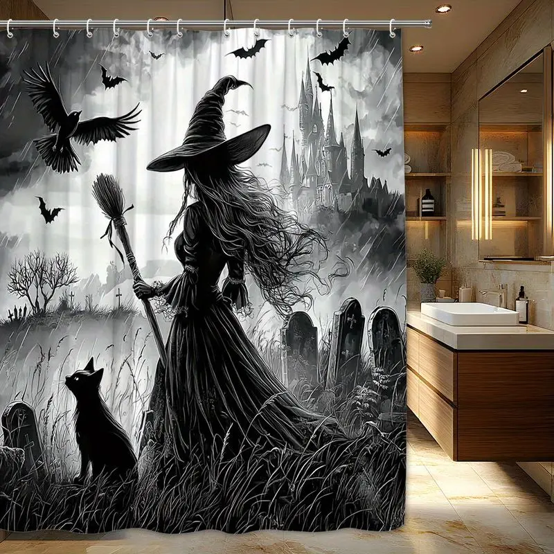 VIKAMA Witch Shower Curtain Gothic Castle Raven Black Cat Pattern Waterproof Bathroom Curtain Halloween Spooky Home Decoration