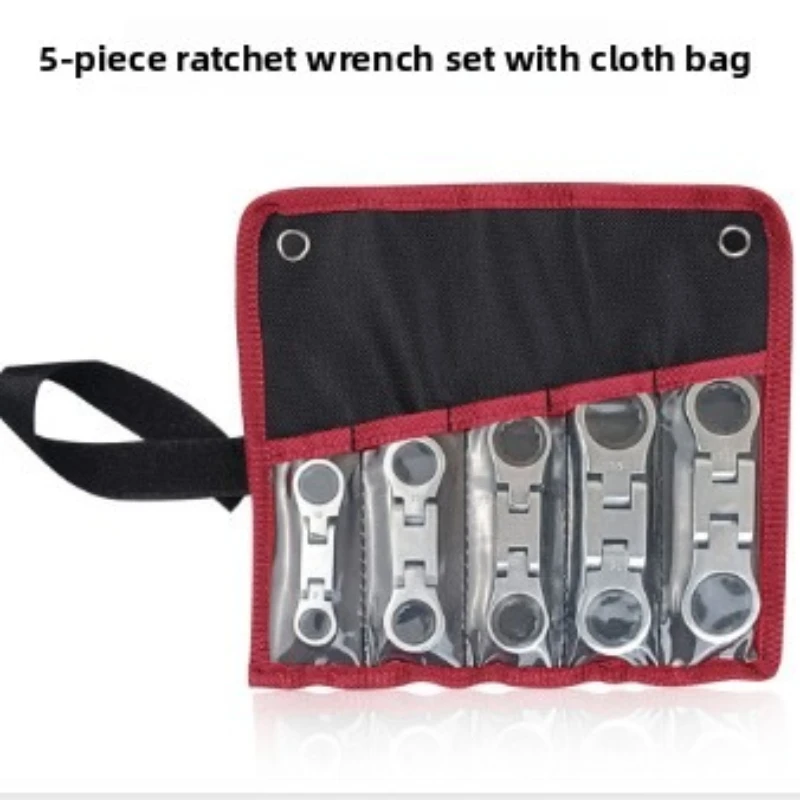 5-Piece stubby Flex-Head ratcheting wrench set metric combination  72-Teeth, with Rolling Pouch 8m10m12m13m14m15m16m17m18m19m