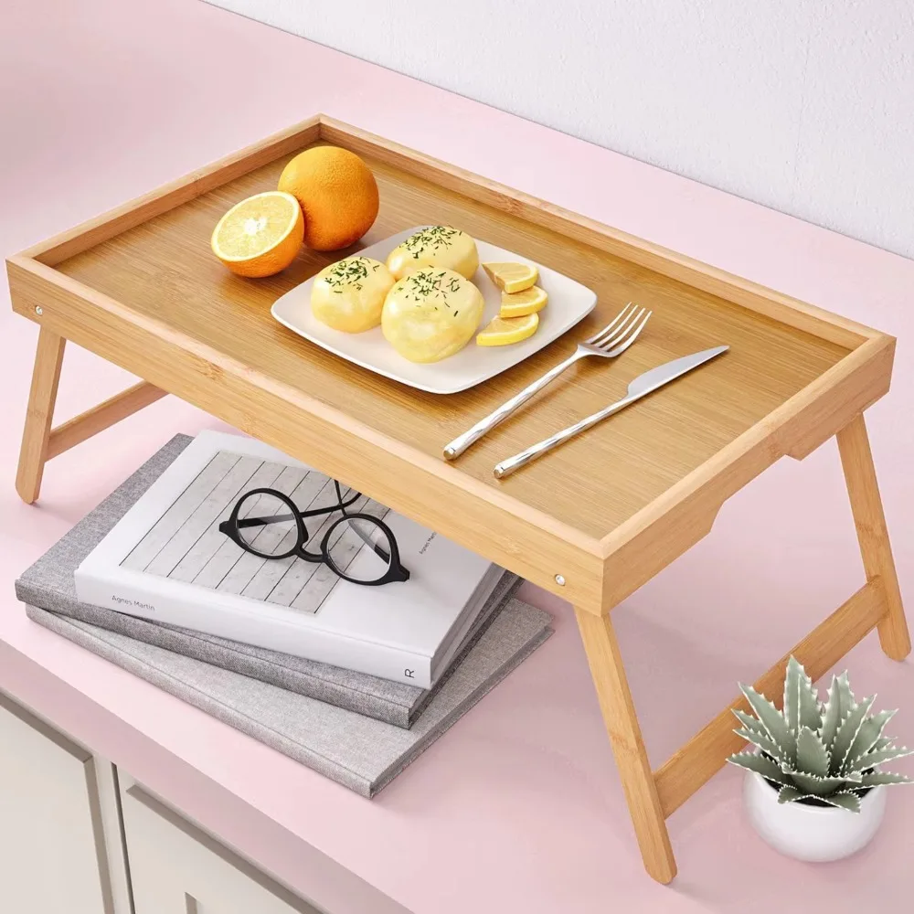 

Natural Bamboo Folding Leg Breakfast Trays Rectangular Large Capacity Desk Snack Tray Concealed Handle Tea Tray Bedroom