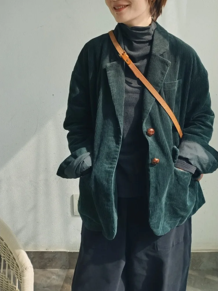 

Olive een Corduroy Suit Jaet Women's Loose Long Sve Casual Versatile Top Early Autumn New Sle Single Button Closure