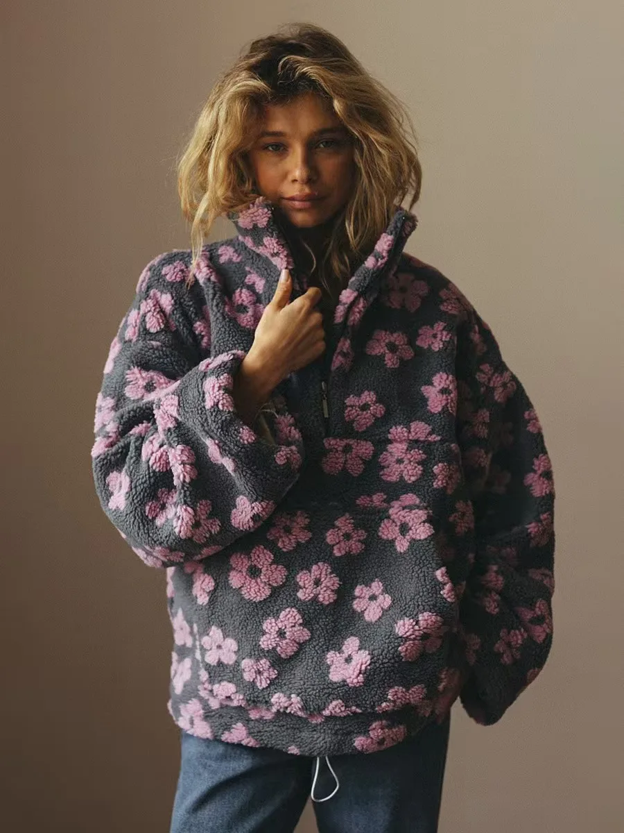 

Модная повседневная свободная толстовка с цветочным принтом, на молнии, с длинными рукавами, из комфортного мягкого материала, женская толстовка