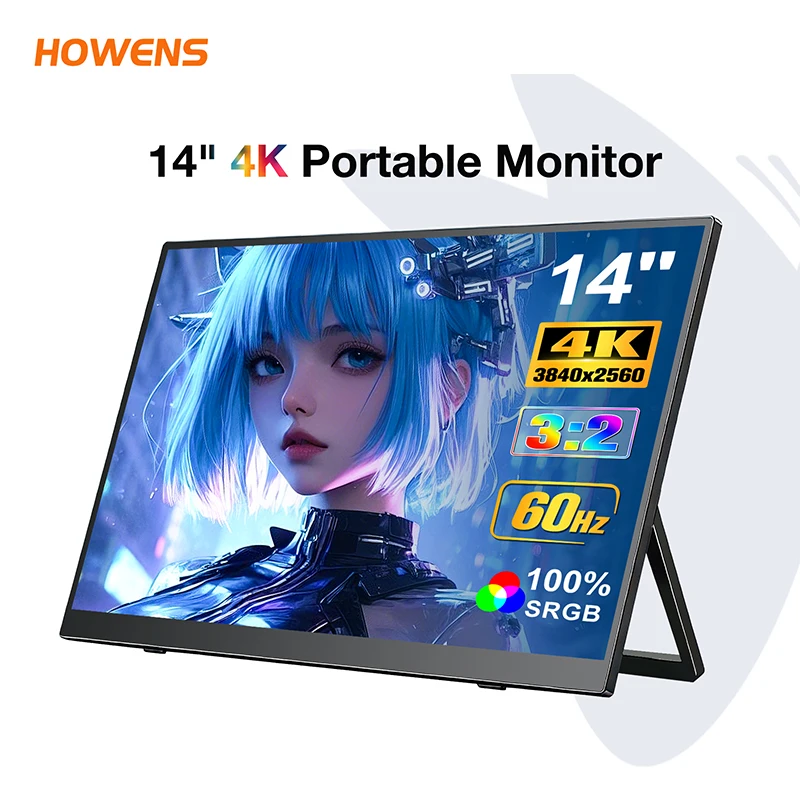 14 Inch 4K IPS Portable Monitor HDR 100%sRGB Low Blue Light 0-180 Hidden Stand Type-C Screen for PS5 Switch Laptop Phone DEX