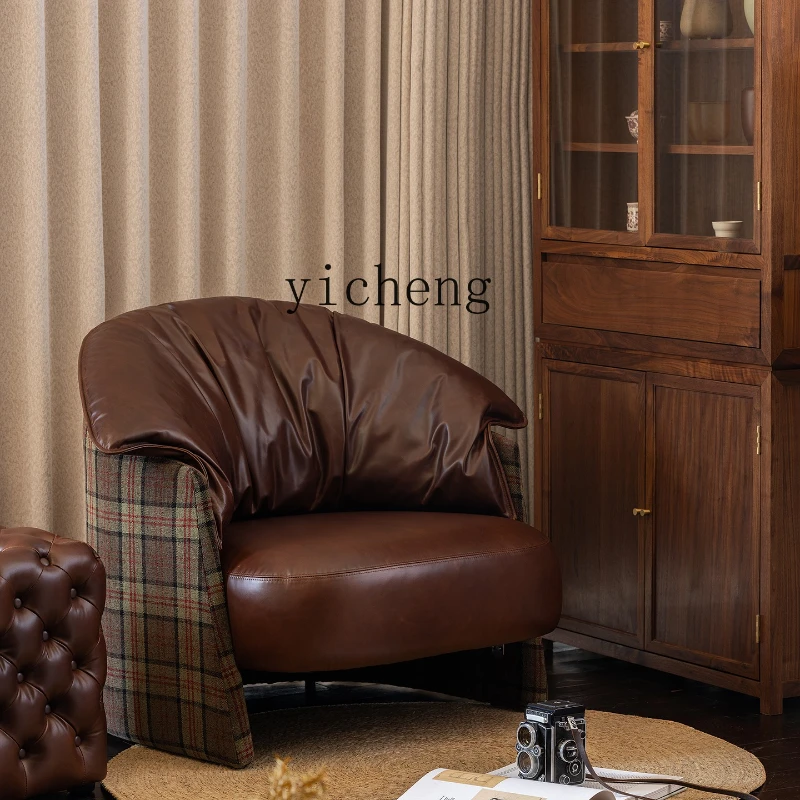 

LSL Home Single Sofa Chair Genuine Leather Leisure Chair Vintage Style Genuine Leather Single Sofa