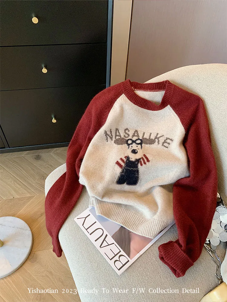 Harajuku Red Knitted Jumper Women Long Sleeve Autumn Winter Anime Graphic Sweater Korean Kawaii Oversized Pullovers High Street