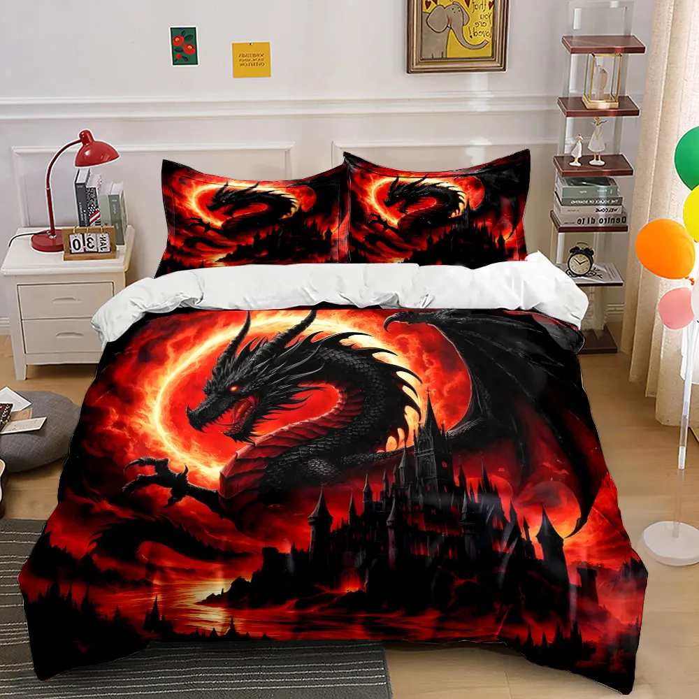 Fiery Dragon Over a Majestic Castle Print Bedding set 3PC 1 duvet cover 2 pillowcases adult and children bedding set Luxury