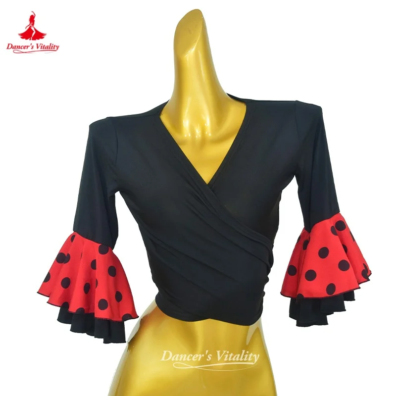 Traje de Baile Flamenco Español para Mujer, Top Sexy con Cuello en V y Mangas de Trompeta, Ropa de Práctica para Tango, Rumba y Samba, Vitalidad para Bailarinas
