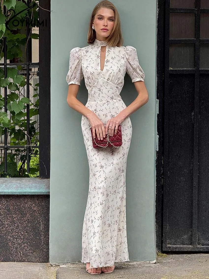 Oymimi Elegant Wine Red Print Women's Dress Fashion O-Neck Short Sleeve Hollow Out Dresses Autumn High Waist Floor-Length Dress