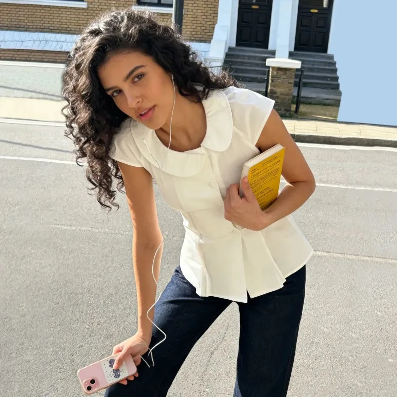 

Women Peter Pan Collar Cap Sleeve Blouse Solid White Waist Slim Fit Casual Shirt For Spring