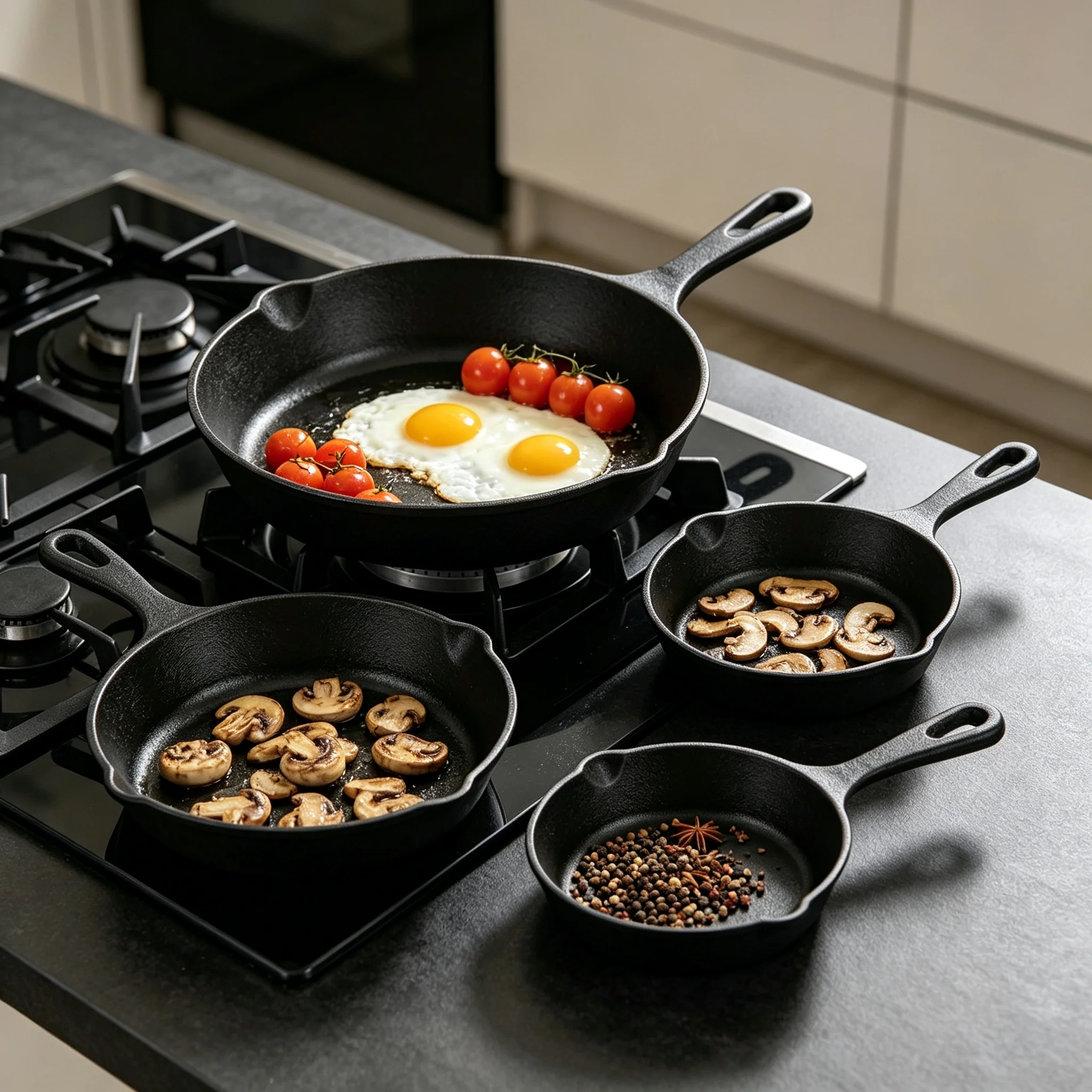 Heavy‑Duty Cast Iron Skillet 3‑Sizes Set, Uncoated Black Cooking Fry Pan with Pour Lip, Durable Kitchen Cookware for Steak Bacon Egg Home Cooking