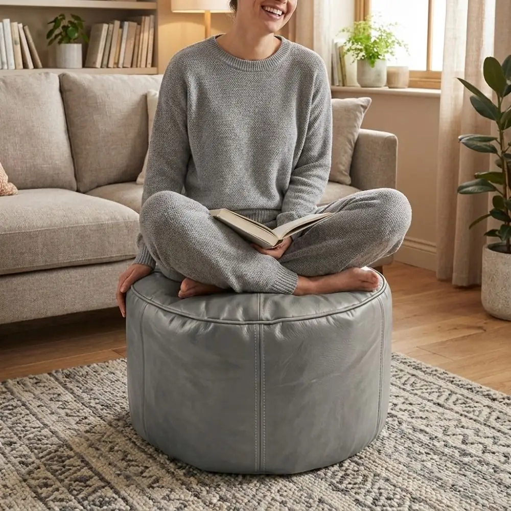 PU Leather Round Lazy Sofa Covers Large Capacity Soft Bean Bag Cover Unstuffed Removable Sofa Footstool Cover Clothes Storage
