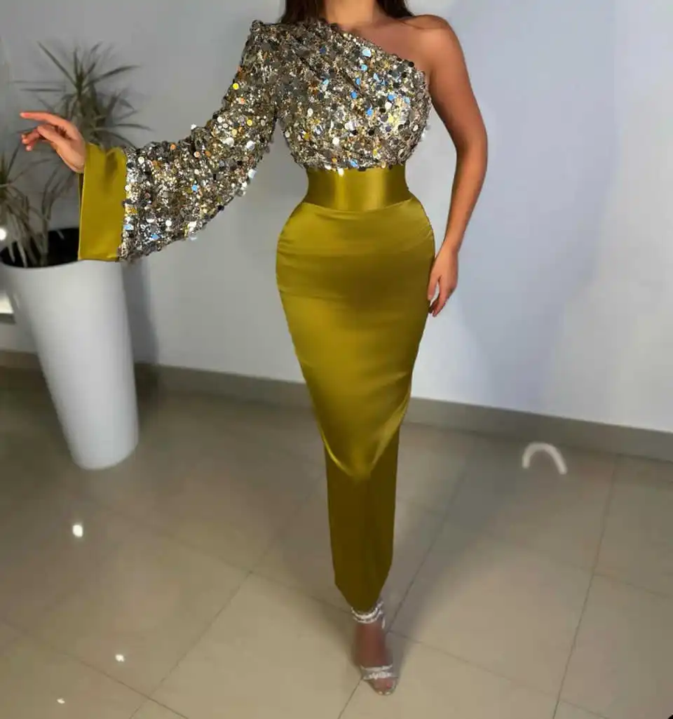 حجر الراين حورية البحر فستان الحفلة الراقصة الفتيات السود الترتر كتف واحد حفلة عيد ميلاد فساتين السهرة مخصصة الجلباب دي