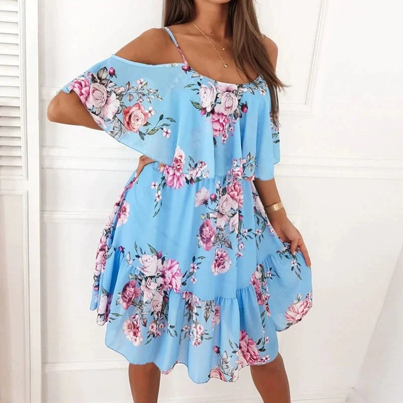 Damen Sommerkleid mit V-Ausschnitt, ärmellos, Schlinge, Leibchen, Pendler, bedruckt, Chiffon, böhmisches Blumenkleid für Damen