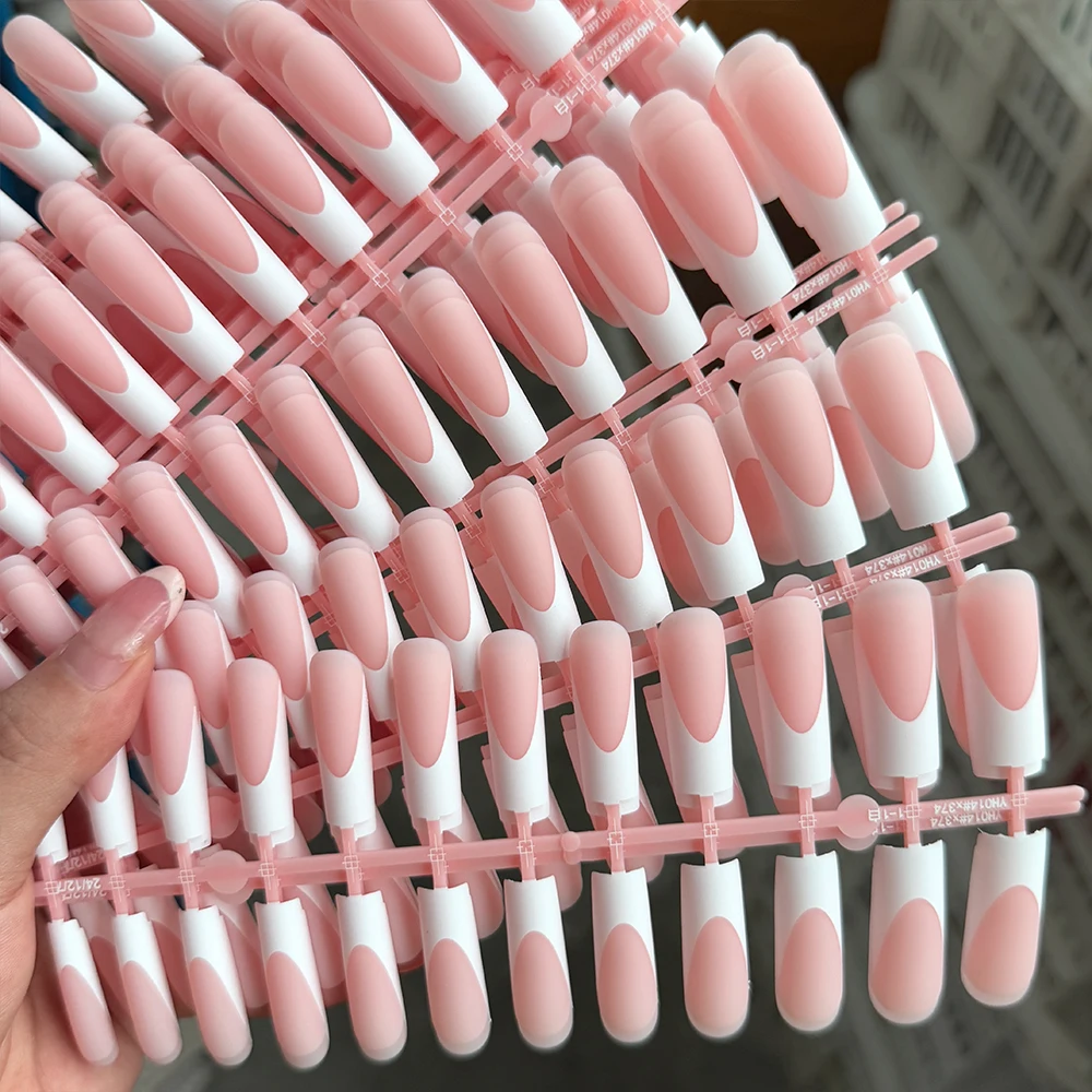

120Pcs Long Coffin Pink French Fake Nails Tips Frosted Long Square Acrylic Press on-nail Full Cover Pre-Shaped False Nails Patch