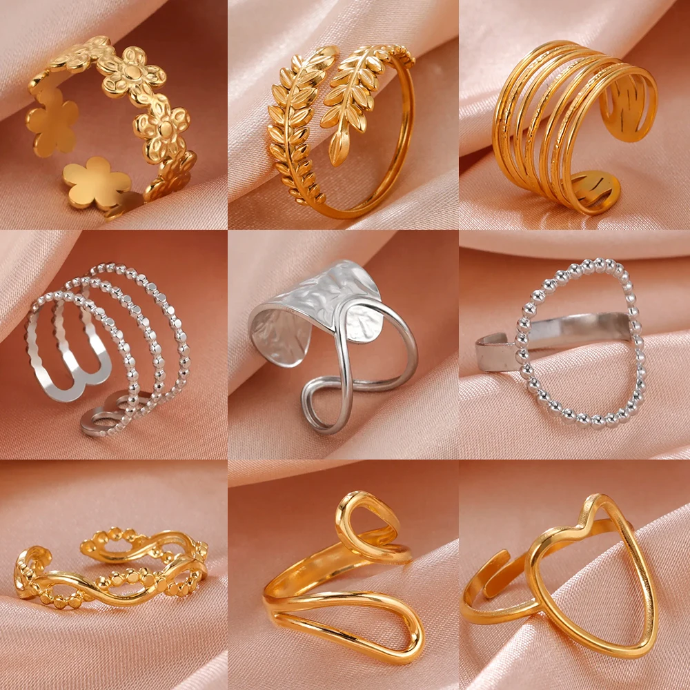 Stainless Steel Open Rings Women Geometric Heart Wheat Ears Adjustable Finger Ring Fashion Jewelry Birthday Gift Wholesale