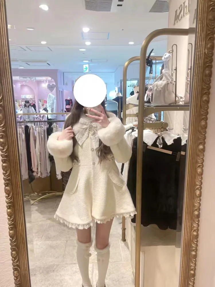 Cappotto invernale da ragazza elegante giapponese tinta unita colletto in peluche delicato fiocco dolce bottone d'amore alla moda capispalla per il tempo libero in pizzo carino