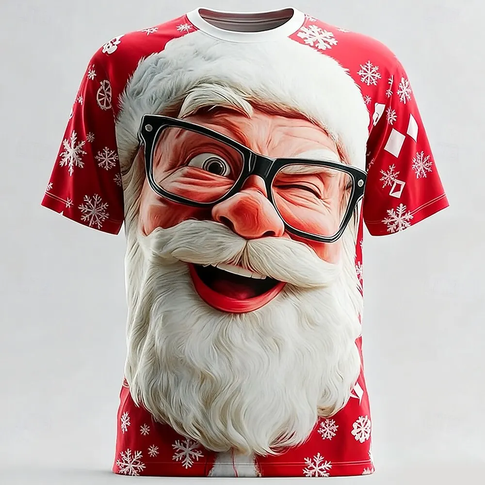 2025 Men's Christmas Santa 3D Print T-Shirt, Festive Cartoon Design, Crew Neck Short Sleeve, All Seasons Holiday Party Wear