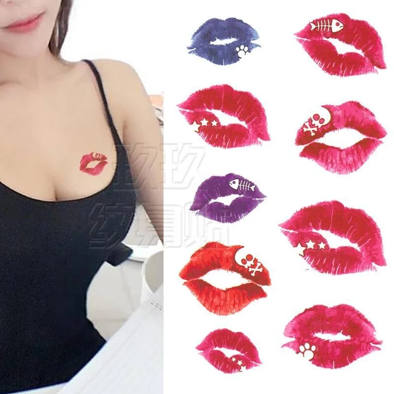 Tatuajes de labios rojos, tatuaje falso de dibujos animados para mujer, tatuaje artístico de Anime, pegatinas de labios de espina de pescado sexis, tatuaje temporal resistente al agua